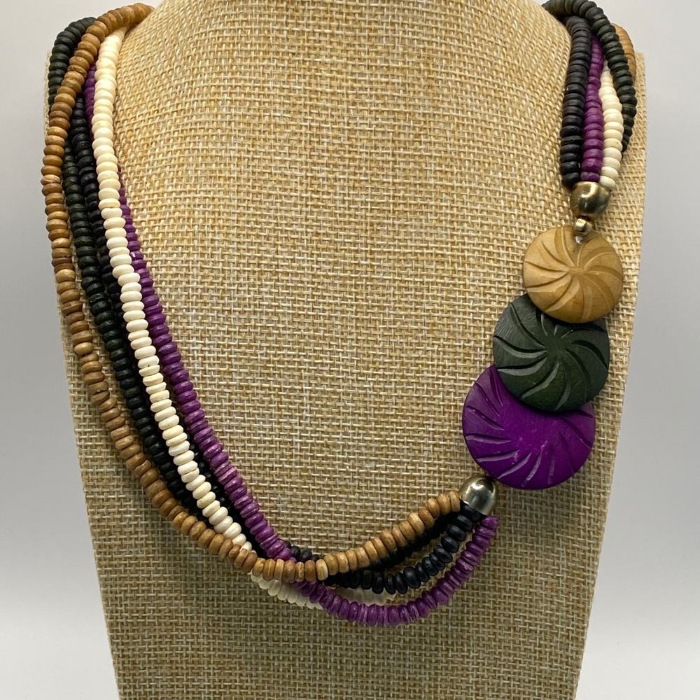 Unsigned Multi Strand Necklace Wood Boho Vintage Purple Green Cream Tan 24"